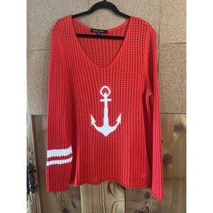 Colleen Lopez Nautical Red Sweater Anchor Lightweight V Neck XL Cotton